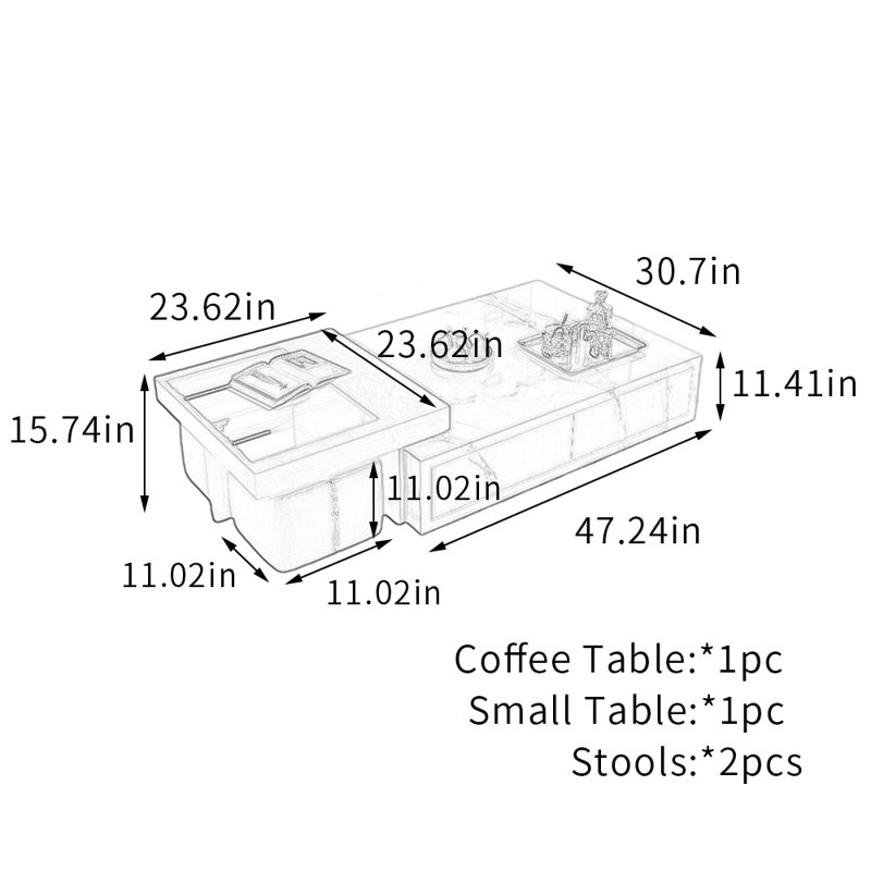 Ensemble de tables basses avec 2 tabourets en ardoise, H 11,41 po x L 47,24 po x l 30,7 po