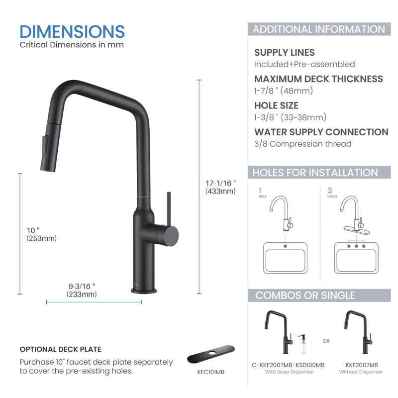 KIBI Macon Pull Down Kitchen Faucet, Matte Black, Without Soap Dispenser