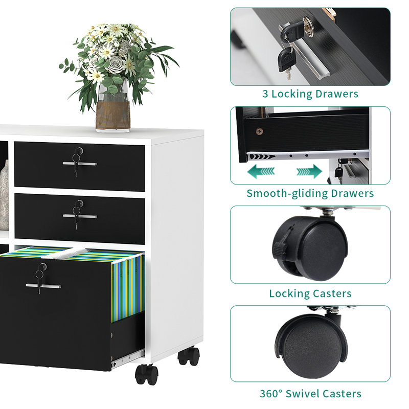 Alday 35"W 3-Tiers Storage File Cabinet with locking Drawers & Casters, White / Black