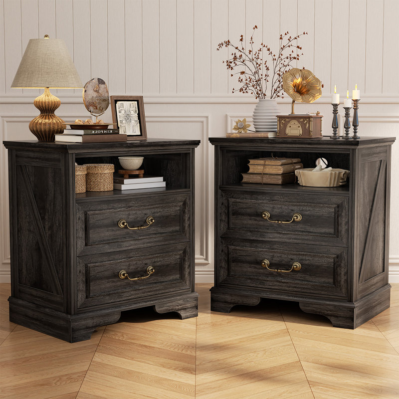 Table de chevet 17 po avec 2 tiroirs et prises intégrées 17 po, Grey
