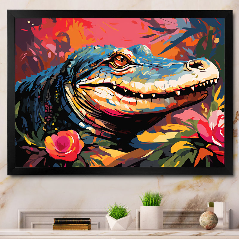 Popart alligator Blooms II - crocodile, art mural, Cadre d'angle fermé noir, H 12 po x l 20 po x P 1 po