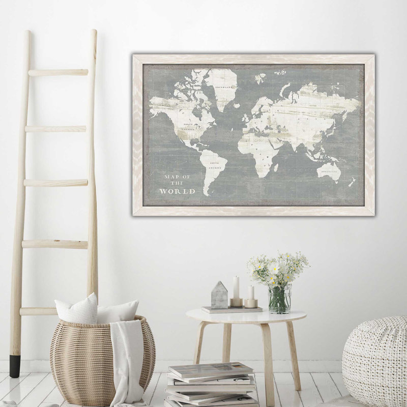 Carte du monde en ardoise par Sue Schlabach - impression, Cadre crème délavé, H 21,5 po x l 27,5 po x P 0,75 po