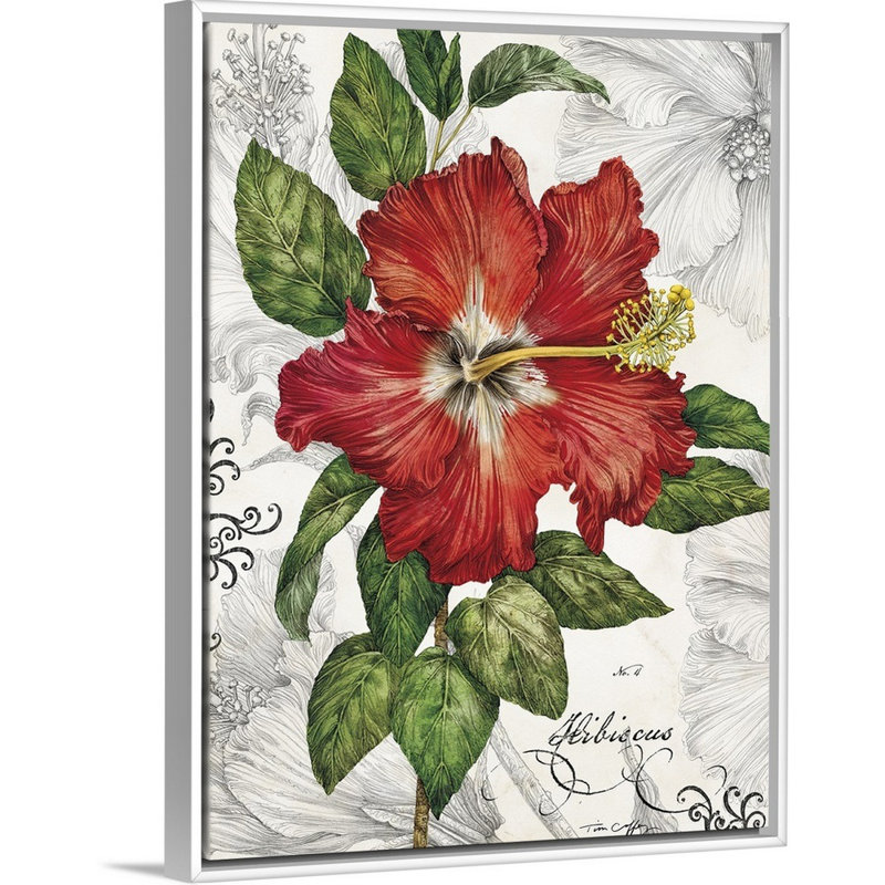 Hibiscus rouge sur toile blanche, H 16 po x l 12 po x P 1,75 po, Toile avec cadre blanc