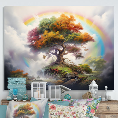 Mythique arbre majestueux avec arc-en-ciel sur toile
