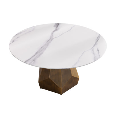 58.55" Round Marble Table For 6-8 People, White Artificial Top With Retro Metal Base, & Easy To Maintain Dining Room And Kitchen Low Water Permeability Flame , Seats,