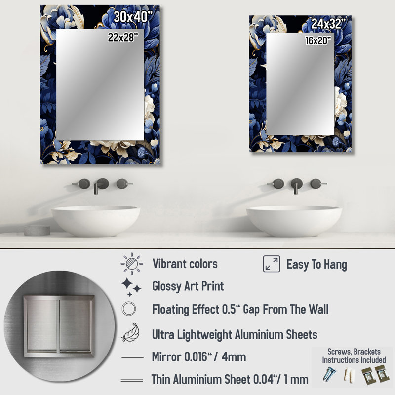 Motif victorien bleu cobalt de la Renaissance - décoration murale unique à motif floral, 32 po x 24 po