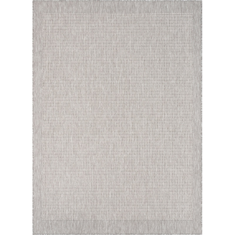 Clesha Solid & Striped Border Indoor Outdoor Grey Ivory Flatweave Rug, Rectangle 5'3" x 7'3"