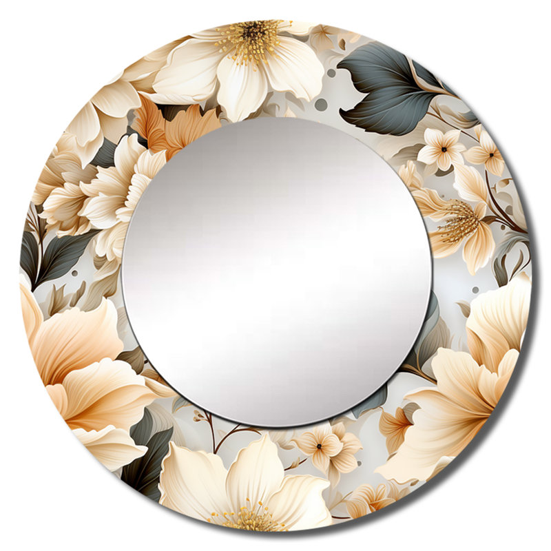 Ethereal Blue And White Chrysanthemum Boho Pattern - Floral Unique Wall Mirror, Cottage Round Mirror, Printed Metal Art