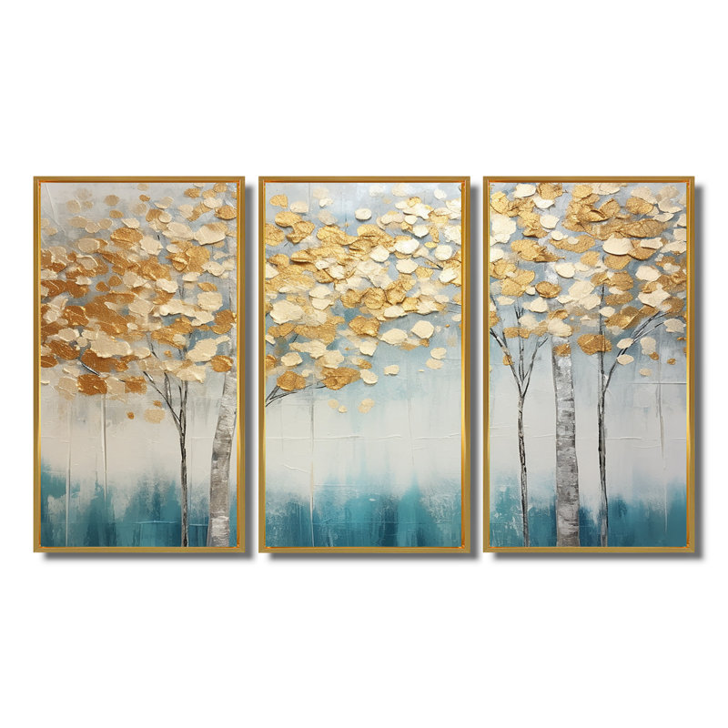 Serene Birch Trees Silver Autumn - ensemble d'art mural arbre bouleau, Cadre flottant noir, H 32 po x l 48 po x P 1 po