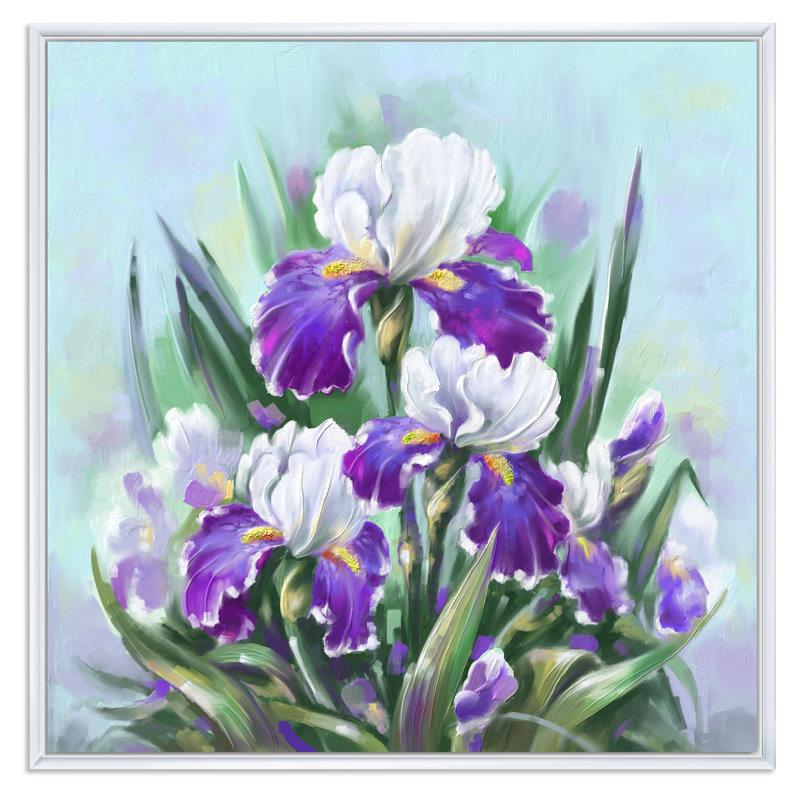 Fleurs et iris mauves en fleurs, H 36 po x l 36 po x P 1,5 po, Toile encadrée flottée blanche