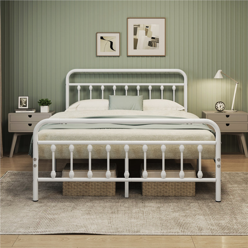 Metal Bed Frame with Vintage Headboard, Kingsize (5'), White