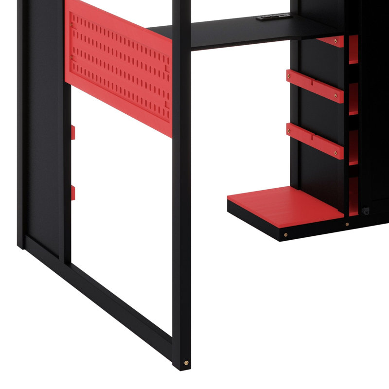 Multifunctional Wooden Loft Bed Featuring Desk, Wardrobe, Shelves, USB & RGB Lighting, Red