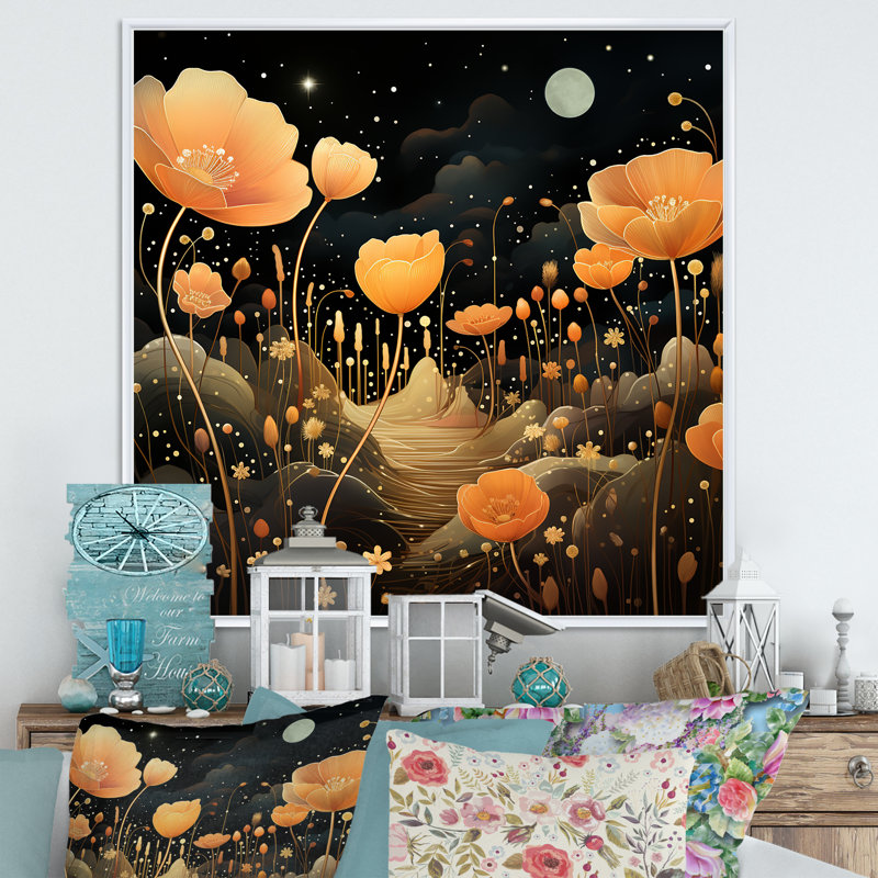 Orange orange clair de lune, prairies florales - souci, art mural, Cadre flottant blanc, H 30 po x l 30 po x P 1,5 po