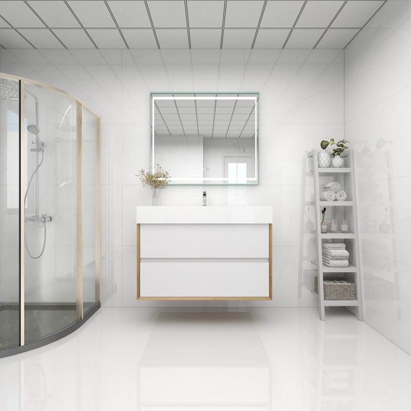 Meuble-lavabo mural 42 po avec lavabo en acrylique renforcé, Blanc brillant
