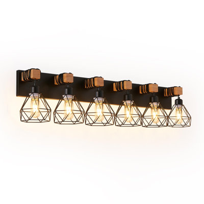 Lampe de meuble-lavabo géométrique moderne de 38 pouces à 6 lumières avec cadre en métal noir, décorations en bois et abat-jour en cage, convient aux salles de bain, aux chambres à coucher ou aux salons (ampoule non incluse)