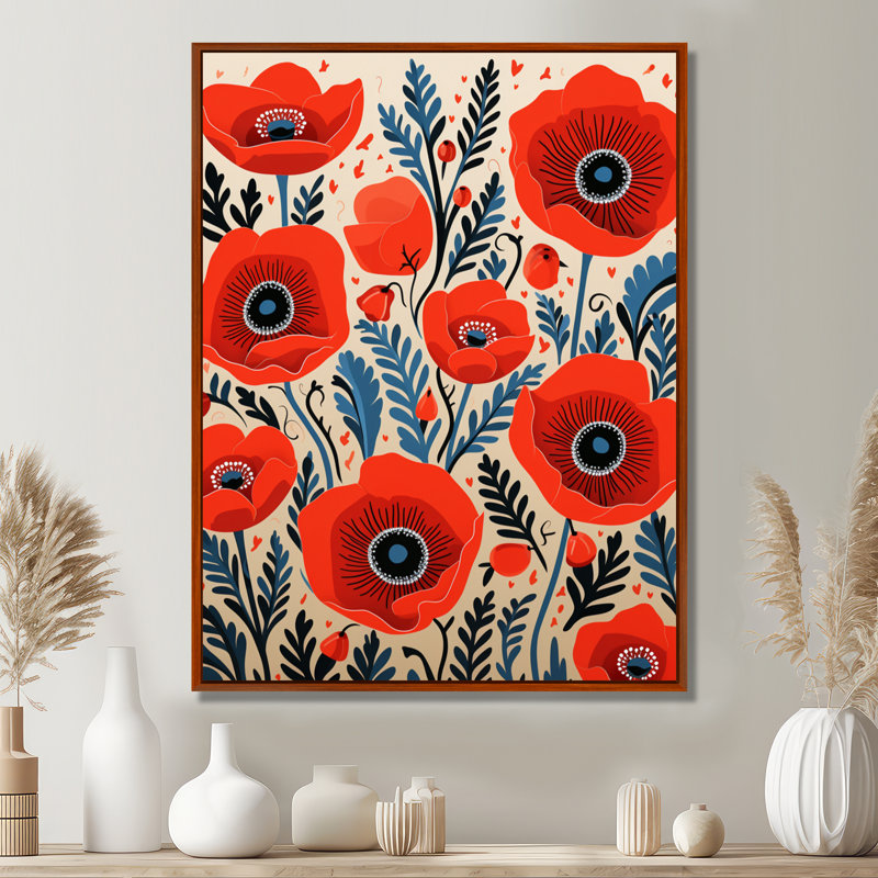 Blooming Poppies - Illustration rétro - coquelicot, H 32 po x l 16 po, Cadre flottant brun, bois massif