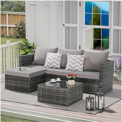 Ensemble de meubles de patio 2 pièces, ensemble modulaire extérieur en forme de L tissé, ensemble de conversation en osier avec repose-pieds, table de détente amovible pour le bord de la piscine