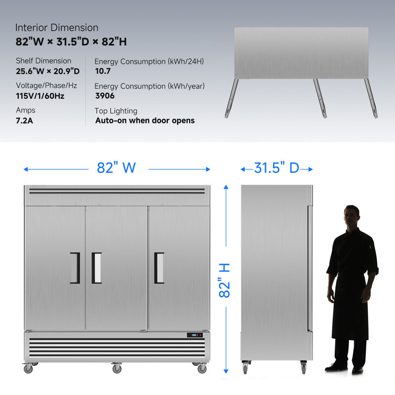 Congélateur vertical à 3 portes de 82 pieds cubes en acier inoxydable Coolake de 82 po Coolake