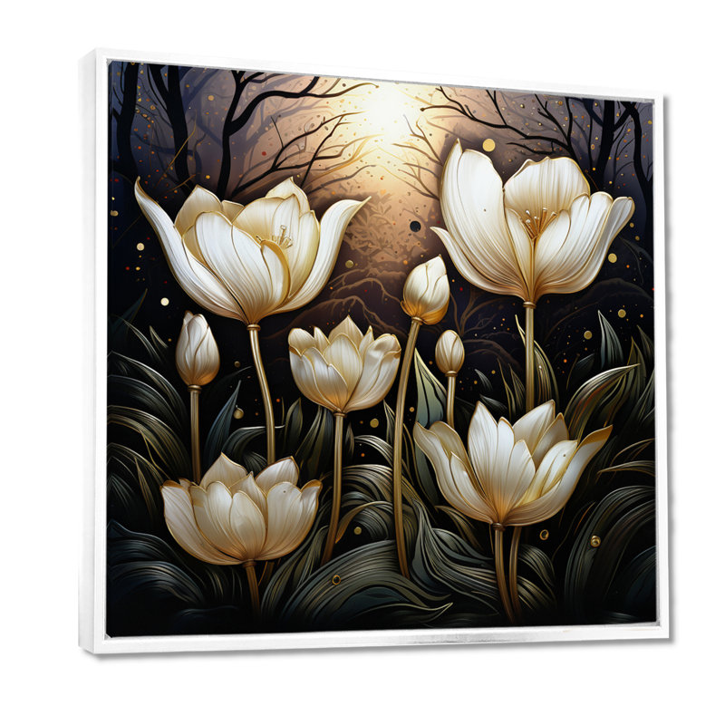 «Elegant Glam White Tulips In The Night», reproduction d'art murale fleur, Toile blanche avec cadre flottant