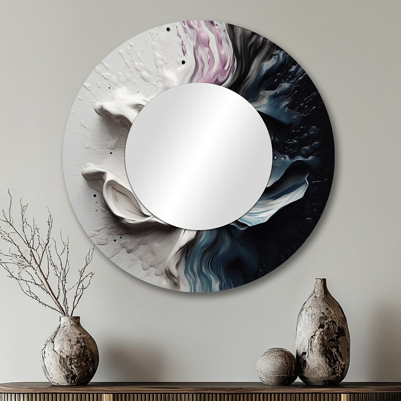 Skyle Delicate Brushstrokes Abstract Painting III - Abstract Painting Unique Wall Mirror, Modern Round Mirror, Printed Metal Art