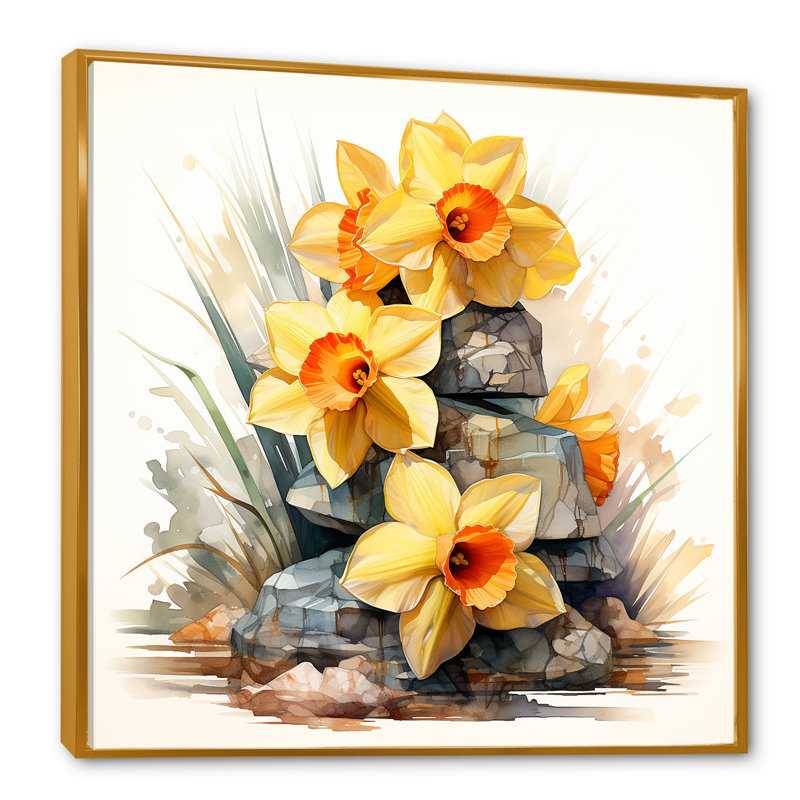Jaune jonquille Gardn Beauty II - Jonquille, art mural, H 16 po x l 16 po x P 1 po, Cadre flottant doré