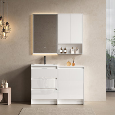 Meuble-lavabo autoportant de 48 po avec lavabo en résine, 1 armoire de rangement et 1 armoire murale, tiroirs et porte à fermeture en douceur, blanc brillant, contreplaqué