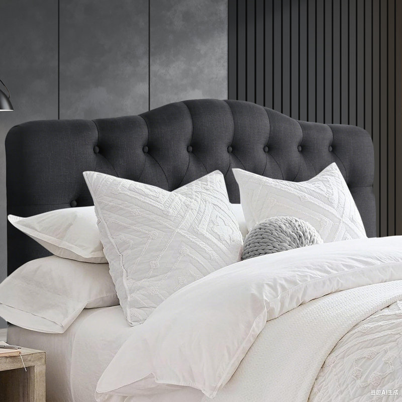 Linen Upholstered Headboard-Modern-Adjustable Height-Button Tufting, Black, Queen