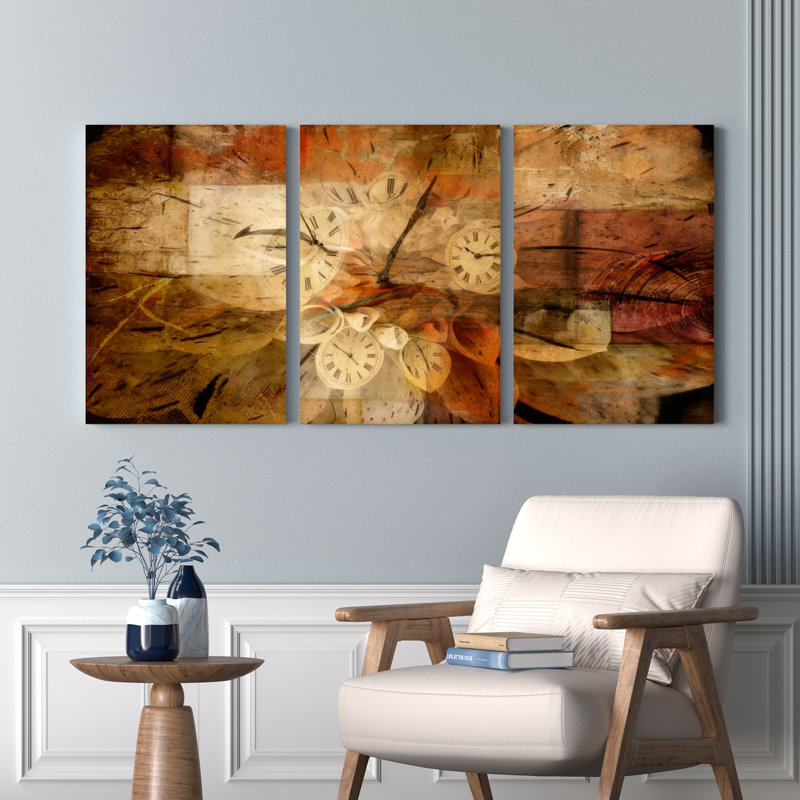 Horloges abstraites et textures rétro, reproduction d'art sur toile tendue sur toile, ensemble de 3, H 24 po x l 48 po