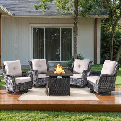 Chalsea 4 - Person Swivel Glide Chair Outdoor Seating Group with Fire Pit with Cushions
