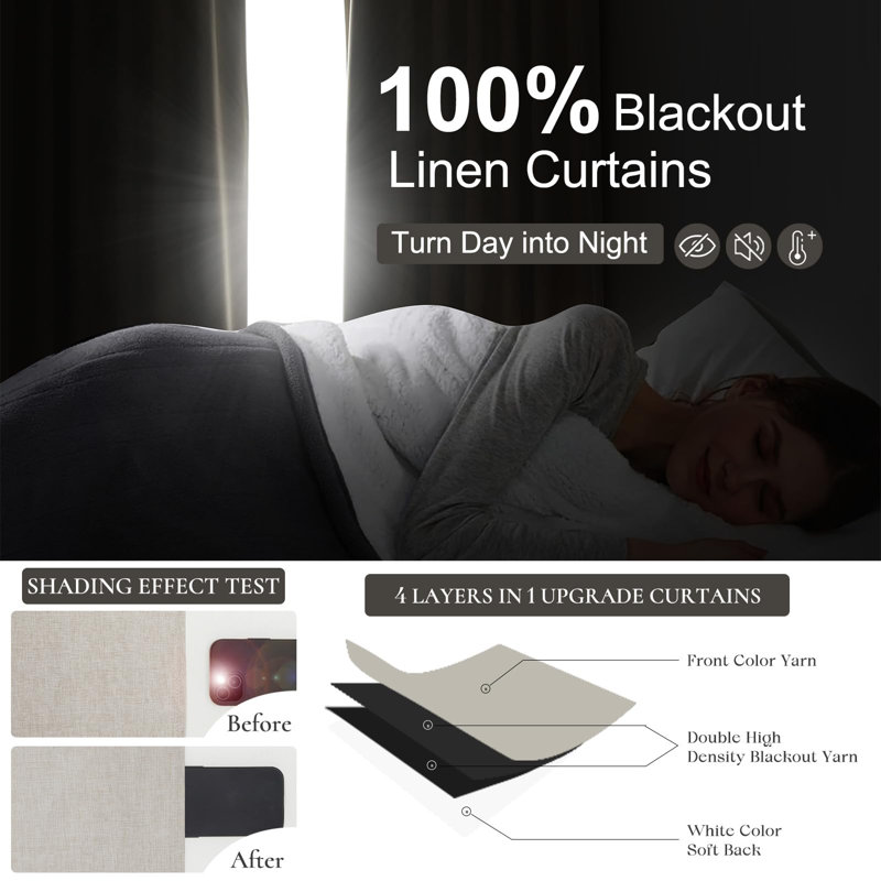 Linen Blackout Curtains 86 Inch, Pleated Thermal For Bedroom Farmhouse, 2 Panels