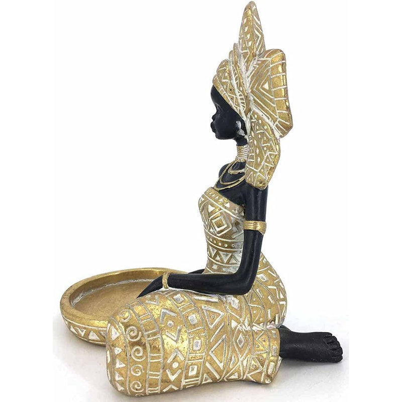 Lady Figurine Candle Holder With African Tribal Totem – Gold Polyresin Statue
