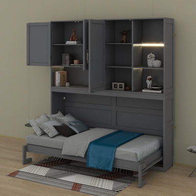 Lit escamotable mural simple avec armoire supérieure, tablettes et port USB
