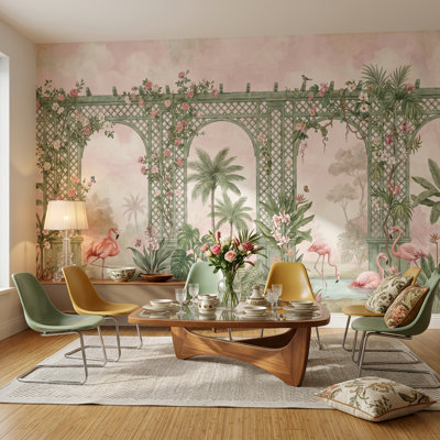 Tropical Garden Wallpaper Pastel Pink Green Trellis Arches Wall Mural