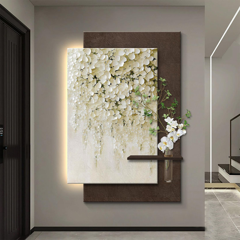 Art mural floral minimaliste en grès minimaliste avec lumières à DEL - culture de l'eau, H 59,06 po x l 39,37 po x P 1,38 po