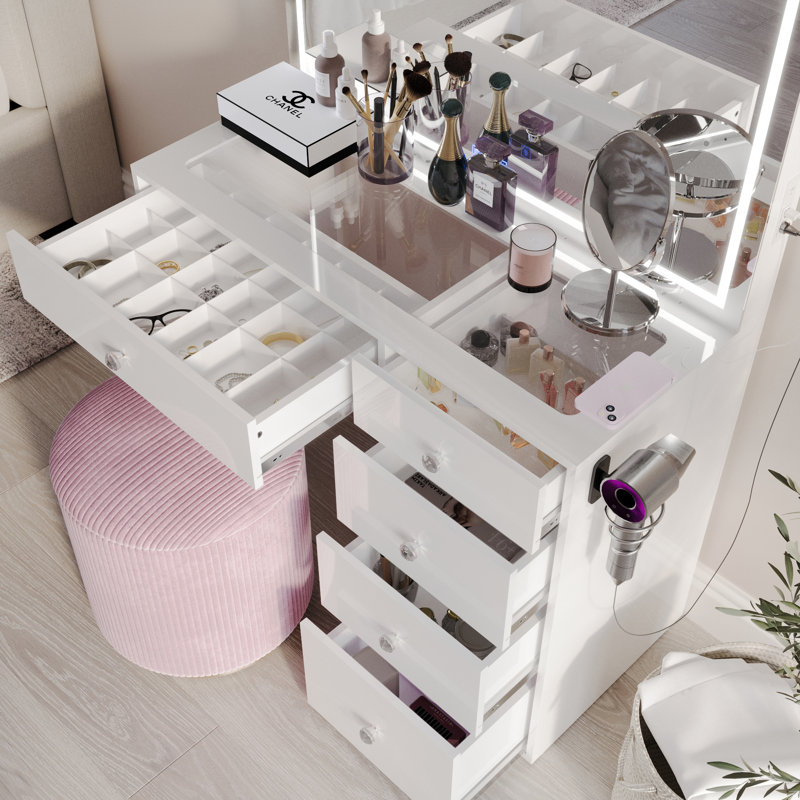 Emilia Compact Premium Vanity With Bluetooth Speakers & LED Mirror, White