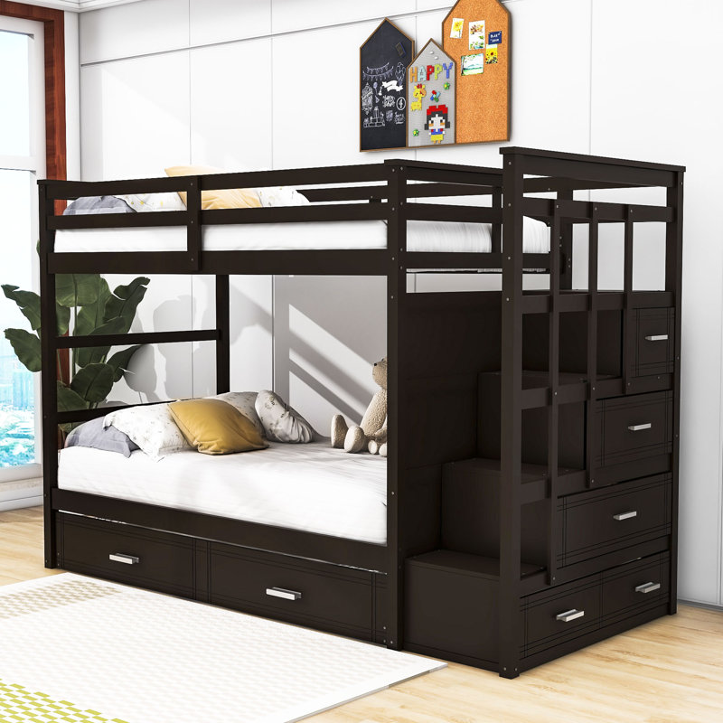 Bailen Kids Twin Over Twin Bunk Bed with Trundle with Drawers, Espresso