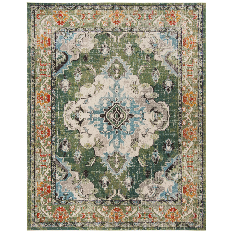 Tapis oriental Almyra, Rectangle 11 pi x 15 pi, Vert forêt / bleu clair