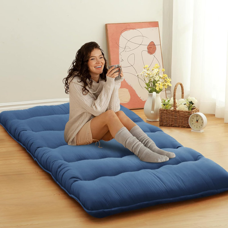 Portable Japanese Futon Mattress, Floor Lounger Bed, Tatami Mat Sleeping Pad for Camping, Guest Room, Twin, Blue