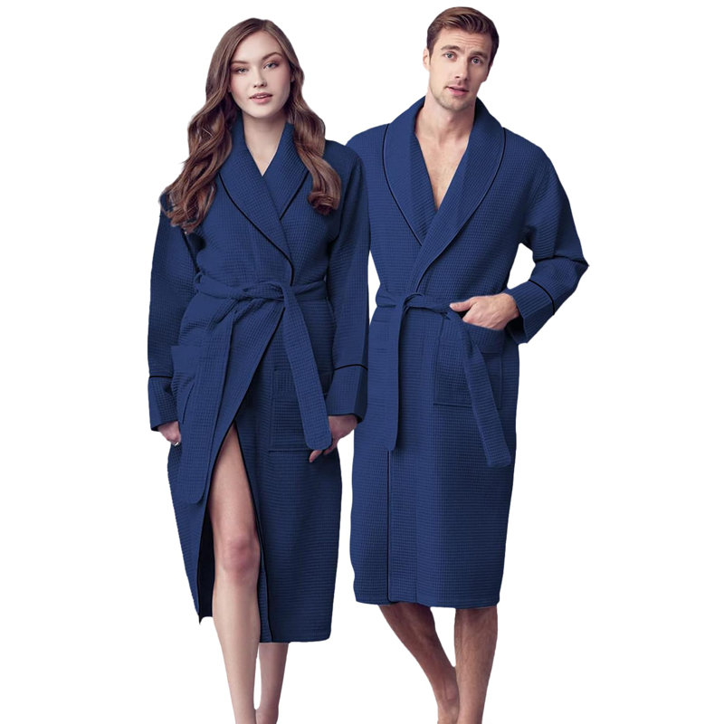 Peignoir mi-mollet en coton gaufré avec poches, TG, Bleu marine