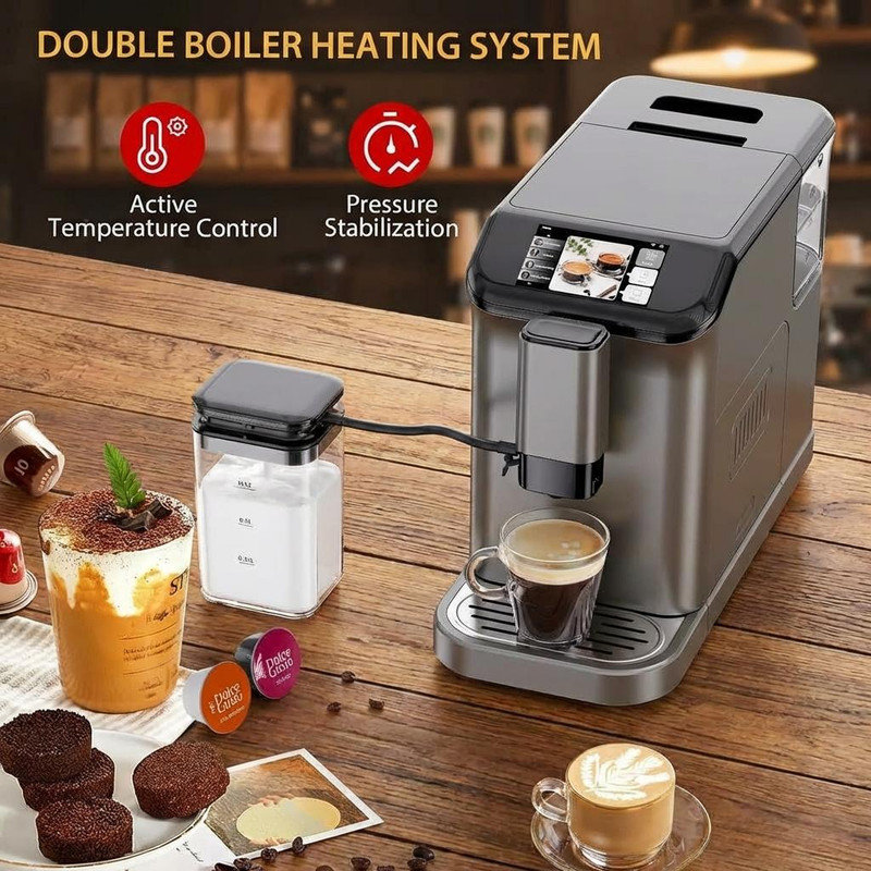 Machine à expresso, moulin à café intégré avec écran couleur TFT, machine à café à mousseur à lait automatique, pompe à 20 bars + 15 réglages de mouture, réservoir d'eau de 1,5 L + rinçage automatique, 120 V 1350 W