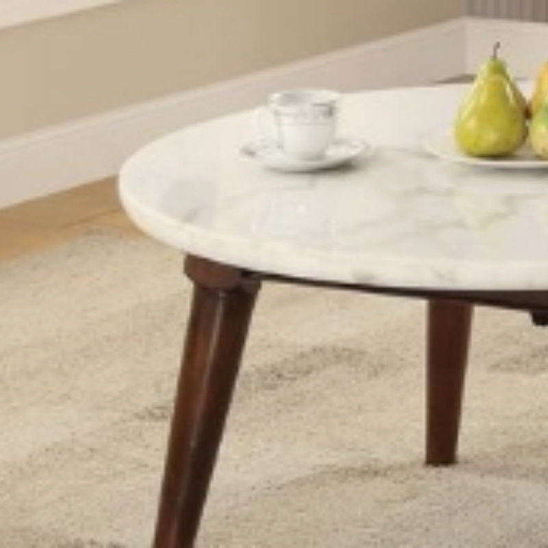 Table basse ronde exquise, plateau en marbre blanc et table basse au fini noyer