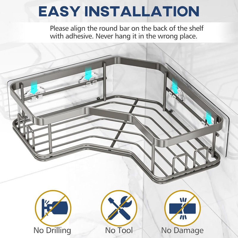 Ensemble de 3 paniers de douche adhésifs, support de rangement en acier inoxydable antirouille pour salle de bain, cuisine, comptoir - sans installation de perceuse, peut contenir jusqu'à 40 lb
