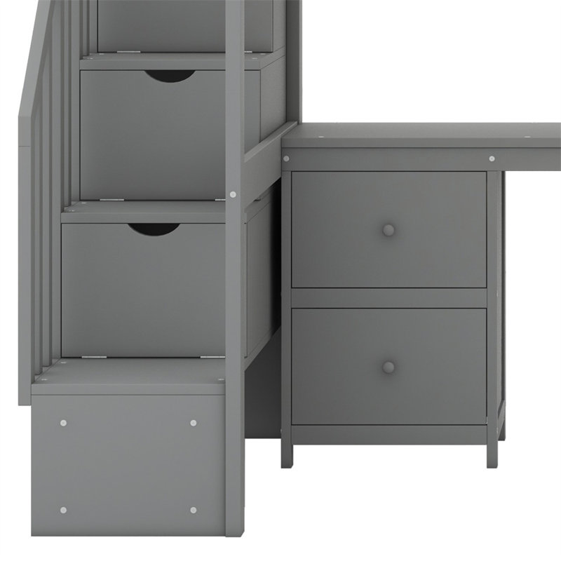 Loft Bed Frame With Built-In Desk And Double Storage Drawers, Gray