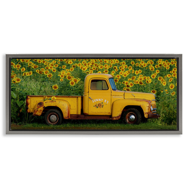 Yellow Pickup in Sunflower Field, Lustre Grey Floater Frame, 14" H x 31" W