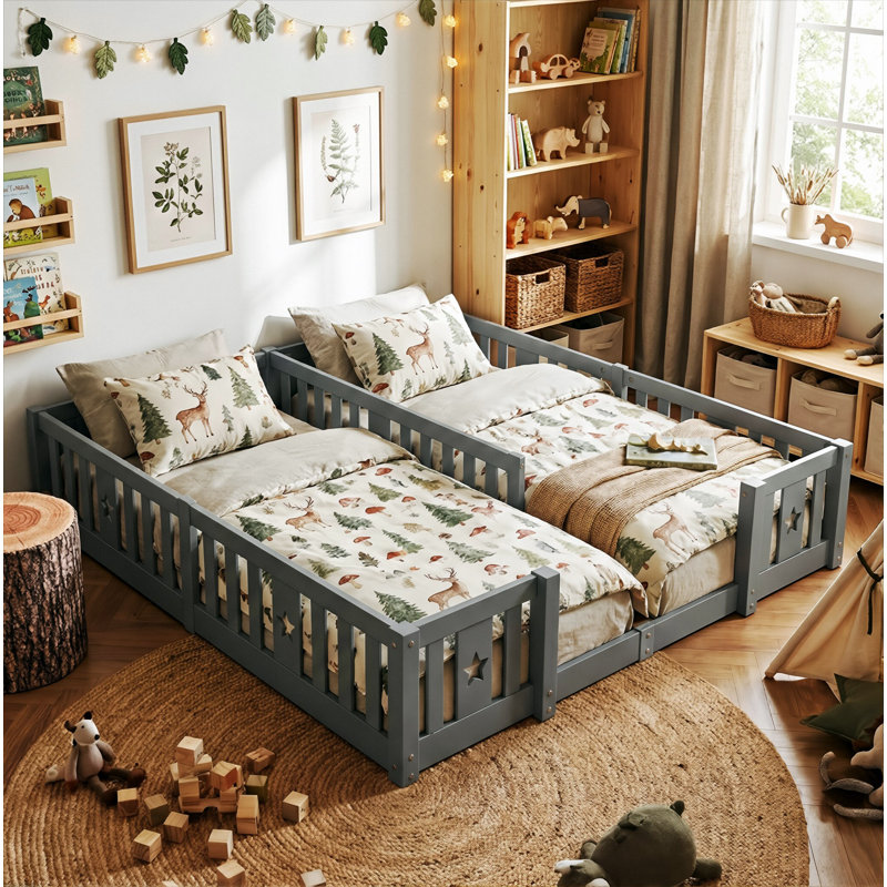 Solid Wood Montessori Floor Bed With Star Guardrails, For Two 90X200cm European Single Beds, Twin Kids Playpen Bed, Grey, 1