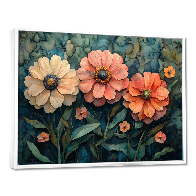 «Ilaina Zinnias Summer Petals In The Breeze III», art mural Zinnias, H 12 po x l 20 po, Impression encadrée flottante, Blanc