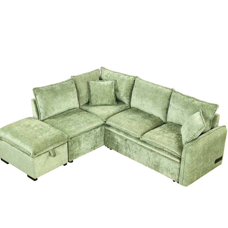 Canapé-lit modulaire convertible avec rangement, 2 coussins, ports électriques - Rangement ergonomique et chaleureux, Vert
