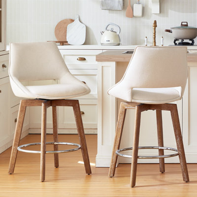Swivel Counter Height Bar Stools, 27'' Beige-Colored Bar Stools Set of 2, Solid Wood Legs, Comfortable Fabric, Suitable for Kitchen Islands