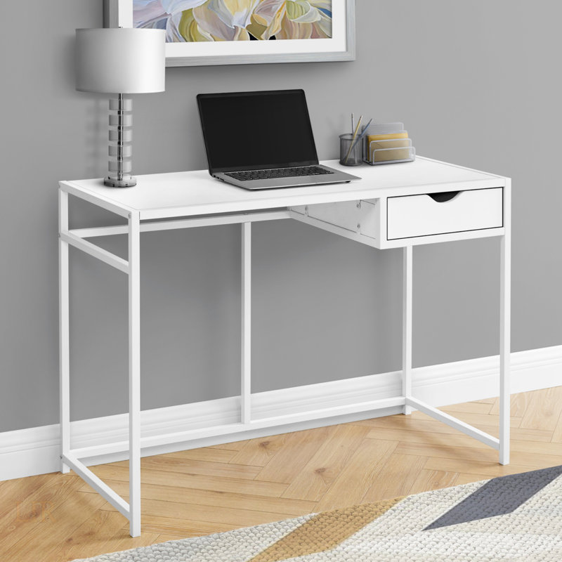 Modern White Laminate Computer Desk With Storage Drawer, Ideal For Compact Home Offices And Efficient Work Spaces.