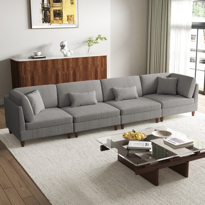 Ensemble de conversation modulaire 4 pièces en velours côtelé gris clair avec dossier coussiné et pieds en bois massif